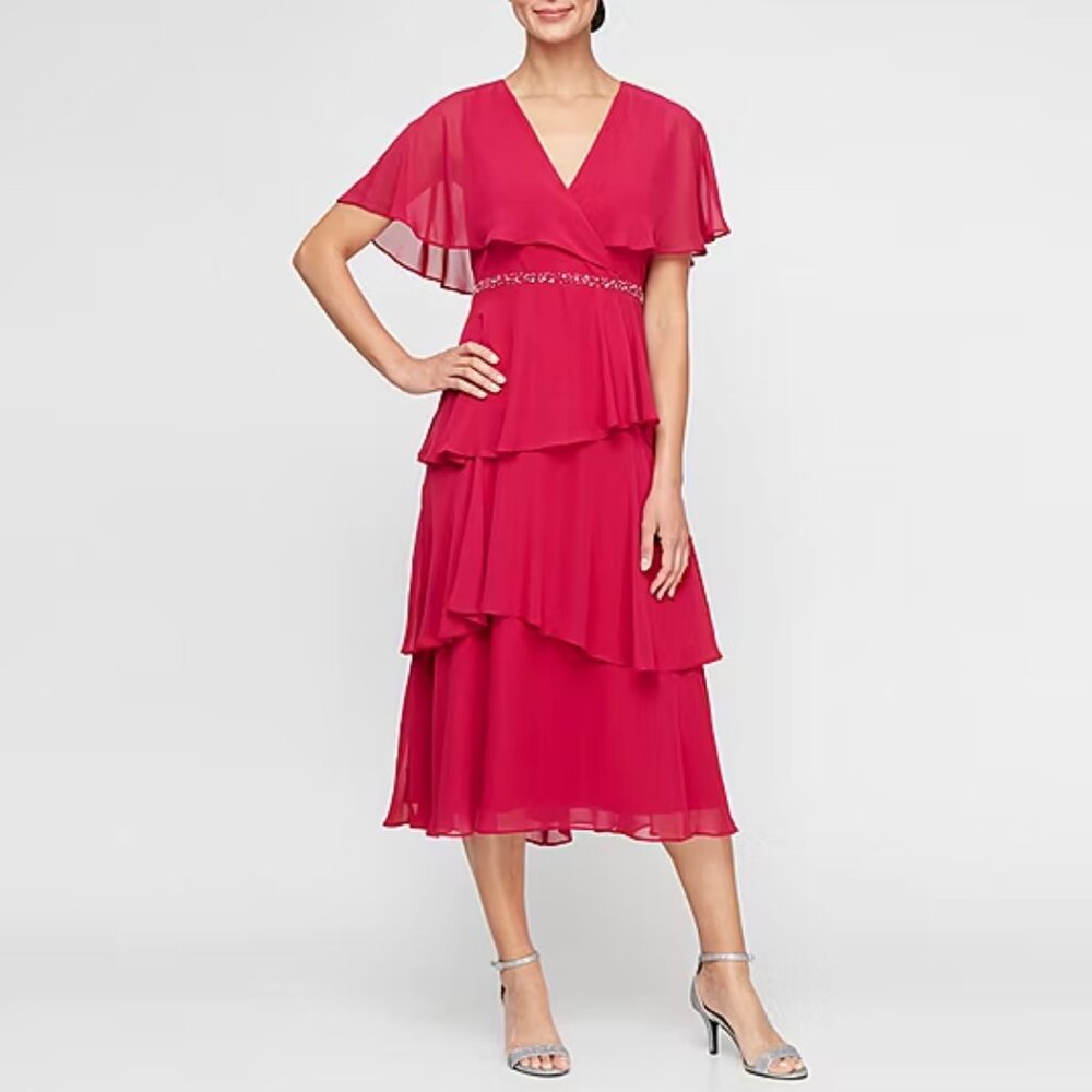 S. L. Fashions Womens Short Sleeve Embellished Midi Fit + Flare Dress - Size 16